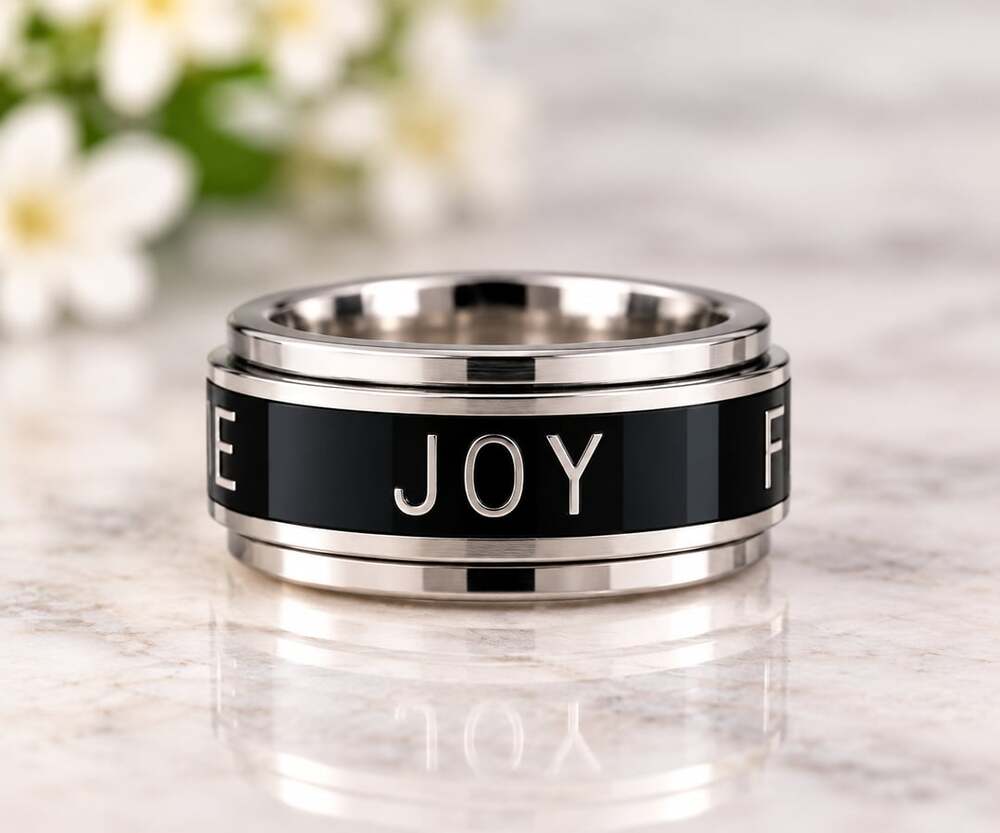 Stainless Steel Fidget Spinner Ring With Faith Hope Love Joy Design